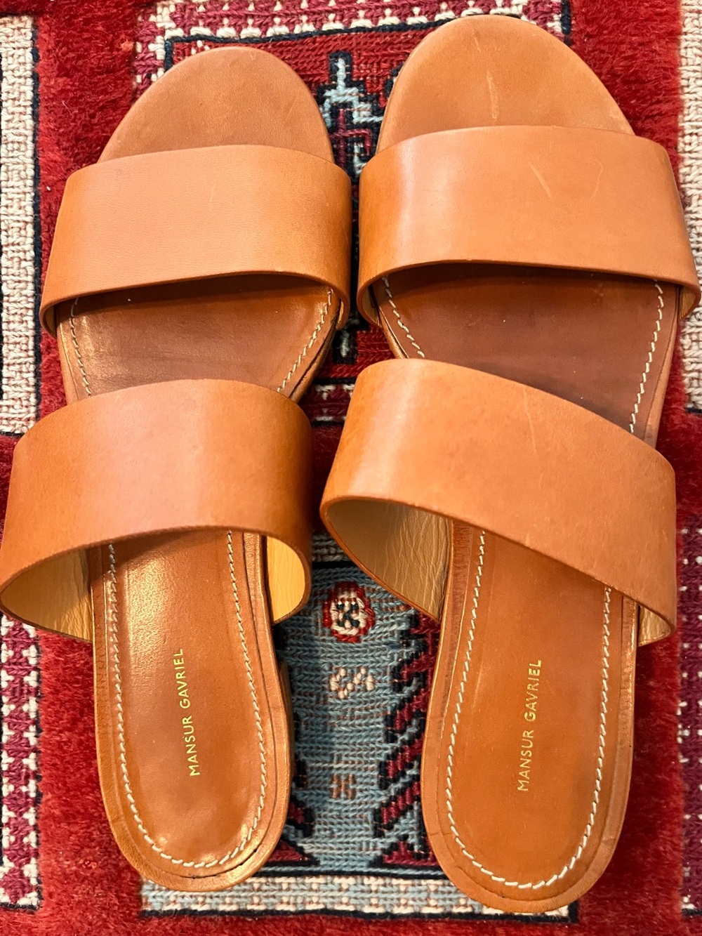 Mansur Gavriel Cognac Tan Double-Band Leather Slide Sandals